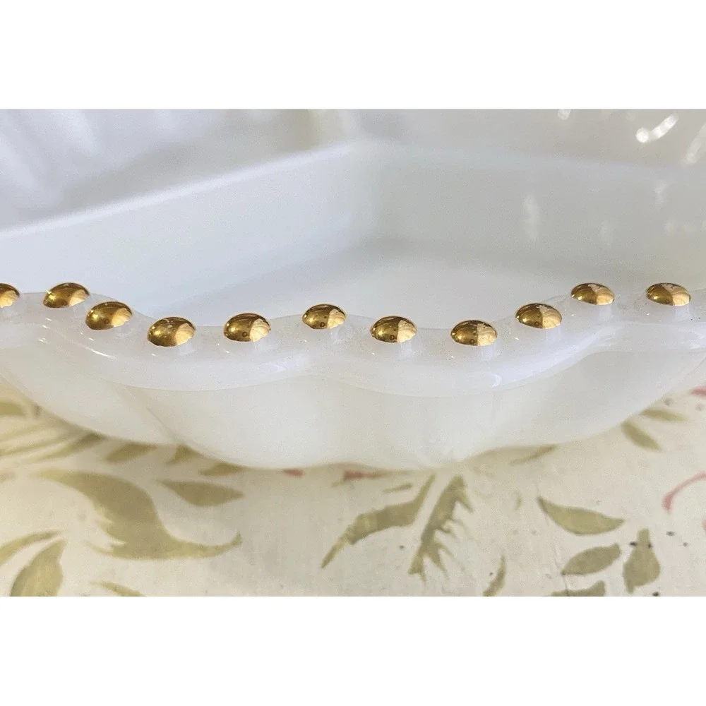 Vintage Anchor Hocking Milk Glass Divided Serving Tray Dish Gold Hobnail Dot MCM